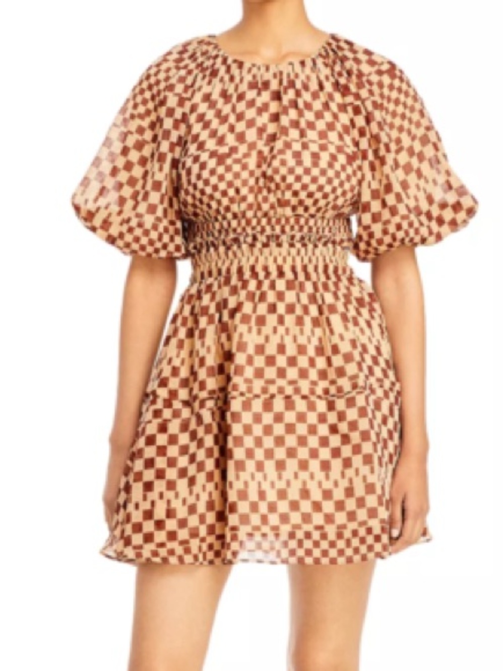 Moon River Brown & Tan Checker High-Low Puff Sleeve Dress - Picture 4 of 5